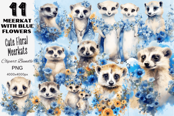 Meerkat Clipart with Blue Flowers Set: Whimsical Watercolor Charm